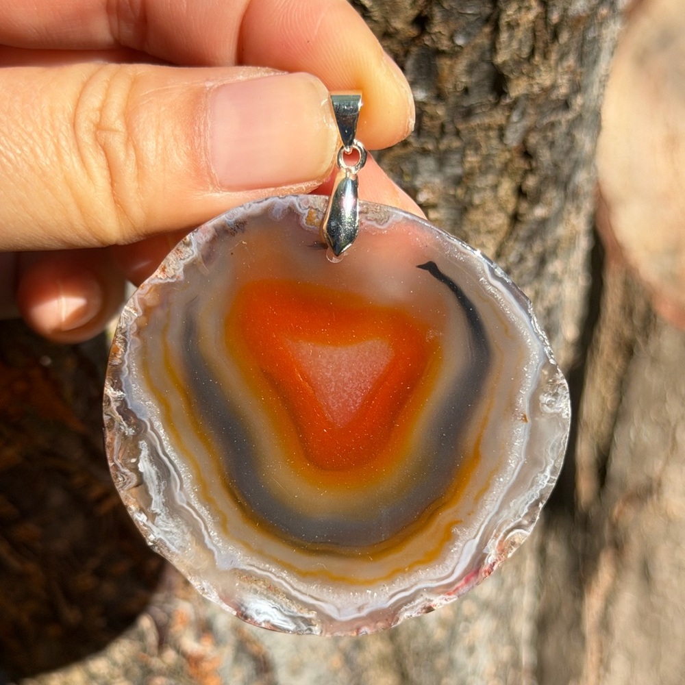 Sterling silver 925 stamped red brown banded agate pendant‎ 0728